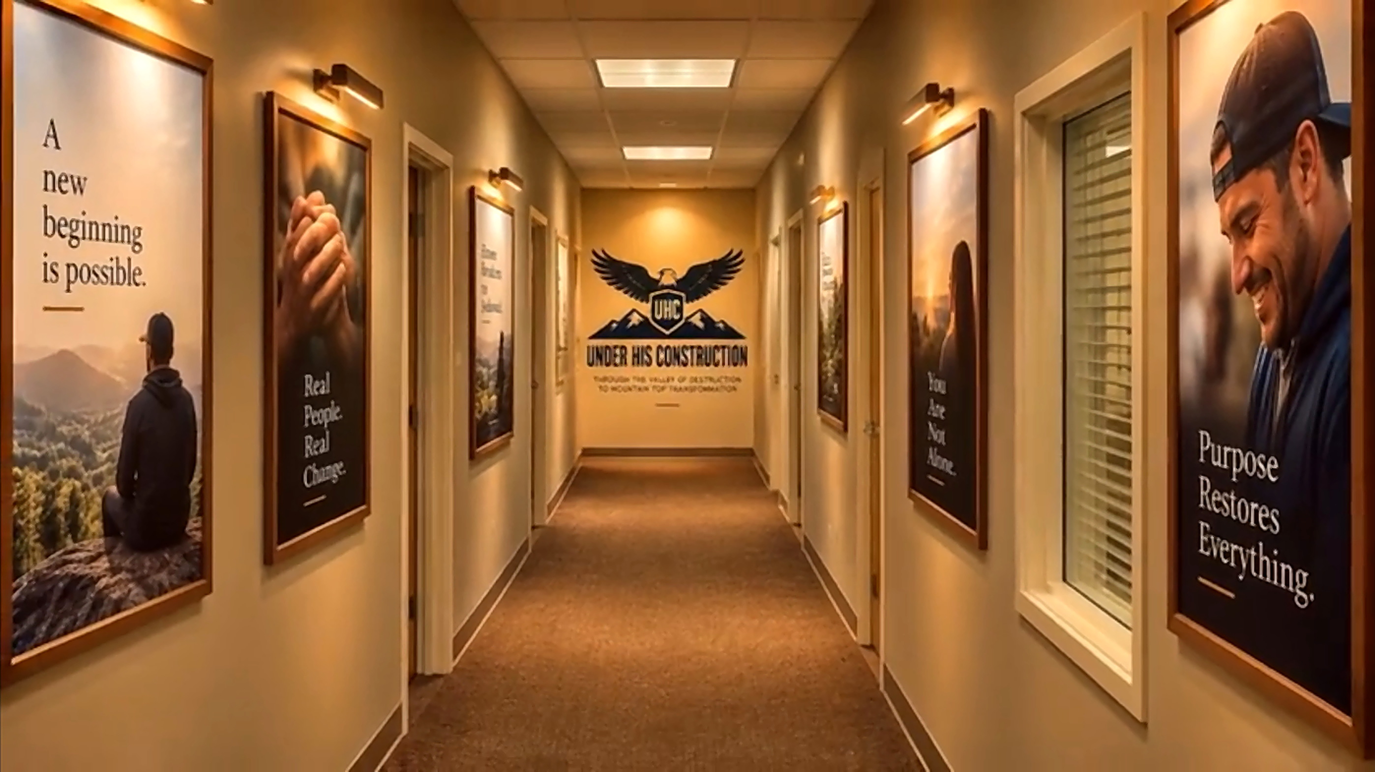 Hallway with motivational posters and a UHC logo at the far end