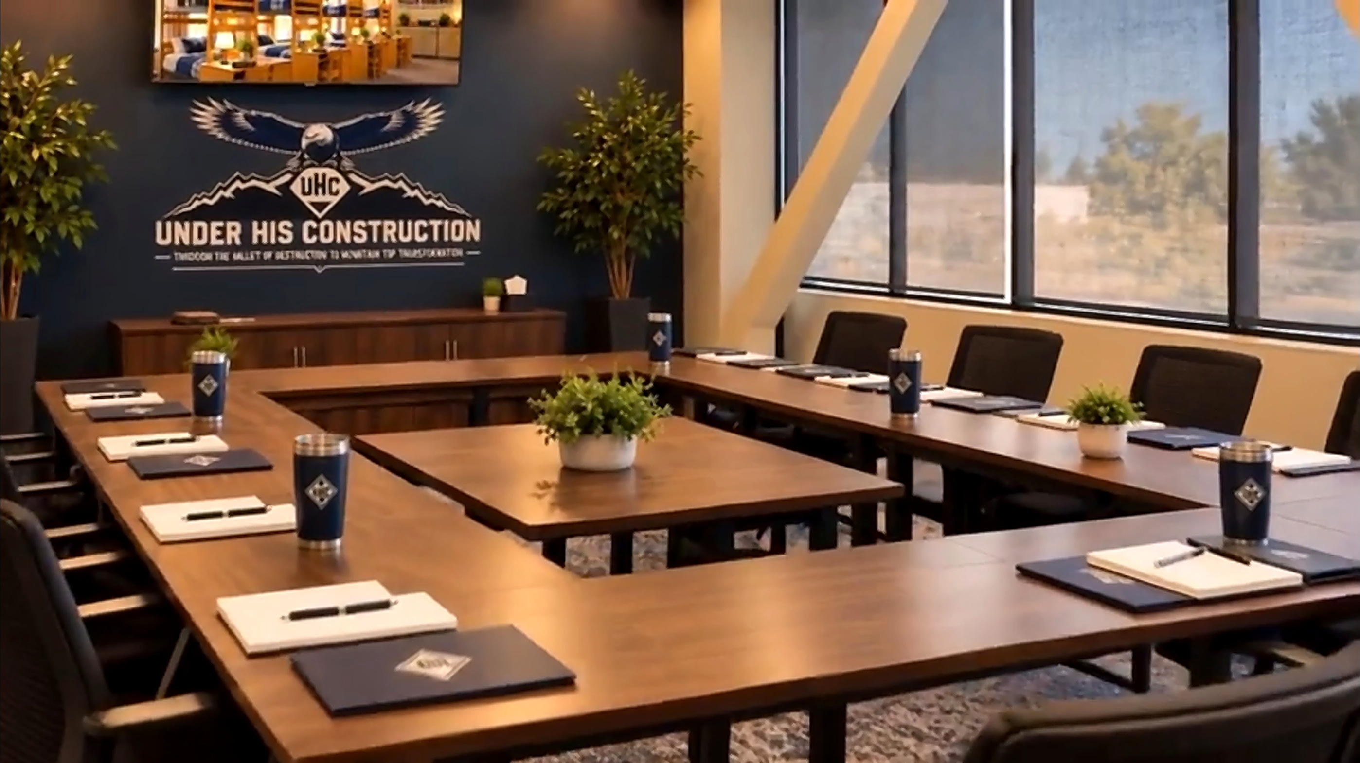 Meeting room with tables, chairs, and a UHC logo on the blue wall