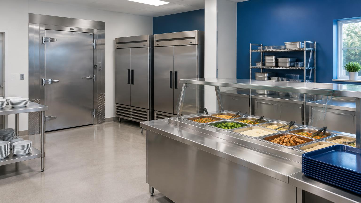 Food-service area with a walk-in refrigerator, commercial freezers, and a warming table