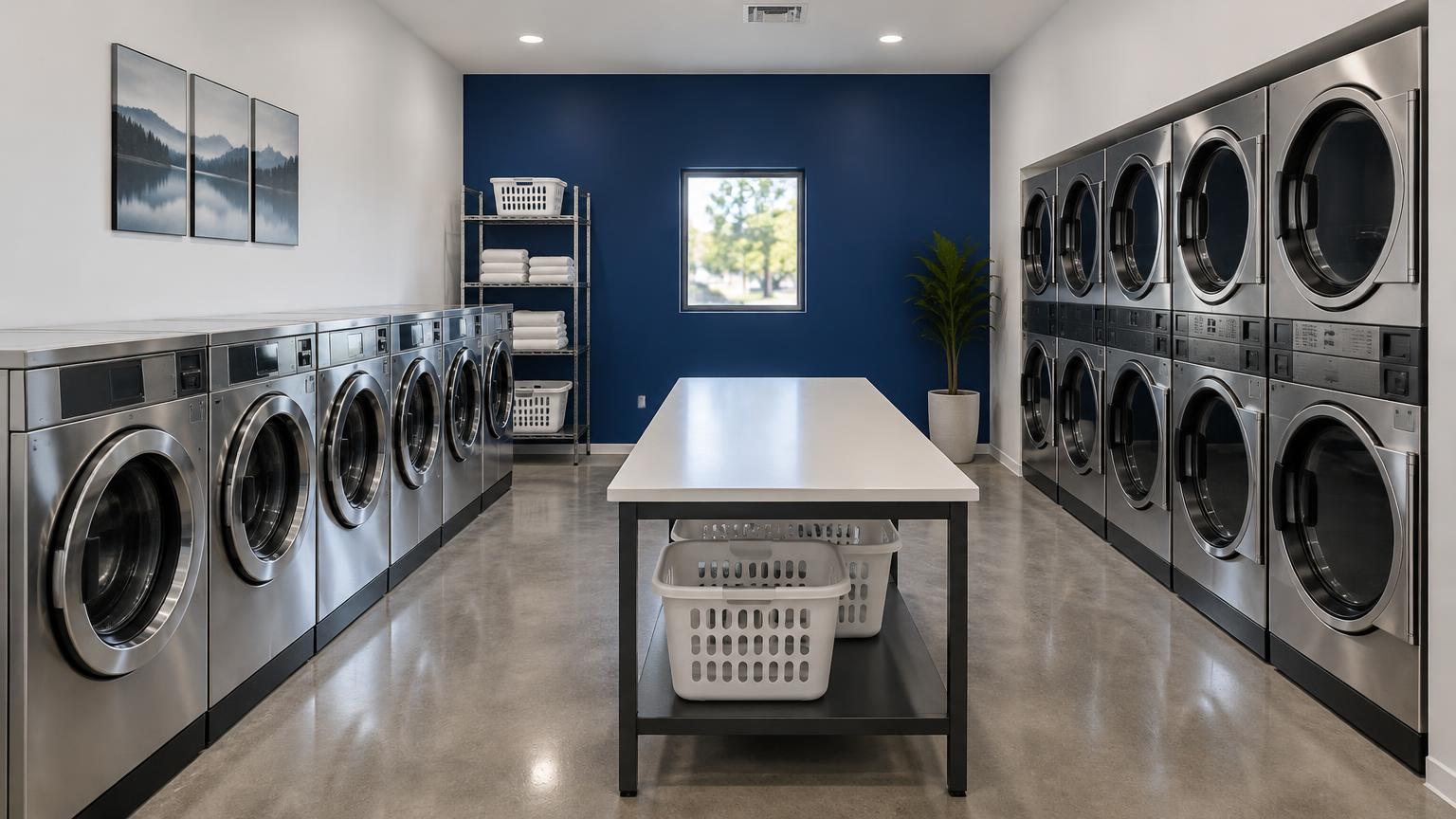 Commercial laundry room with five washers, five dryers, and a folding table