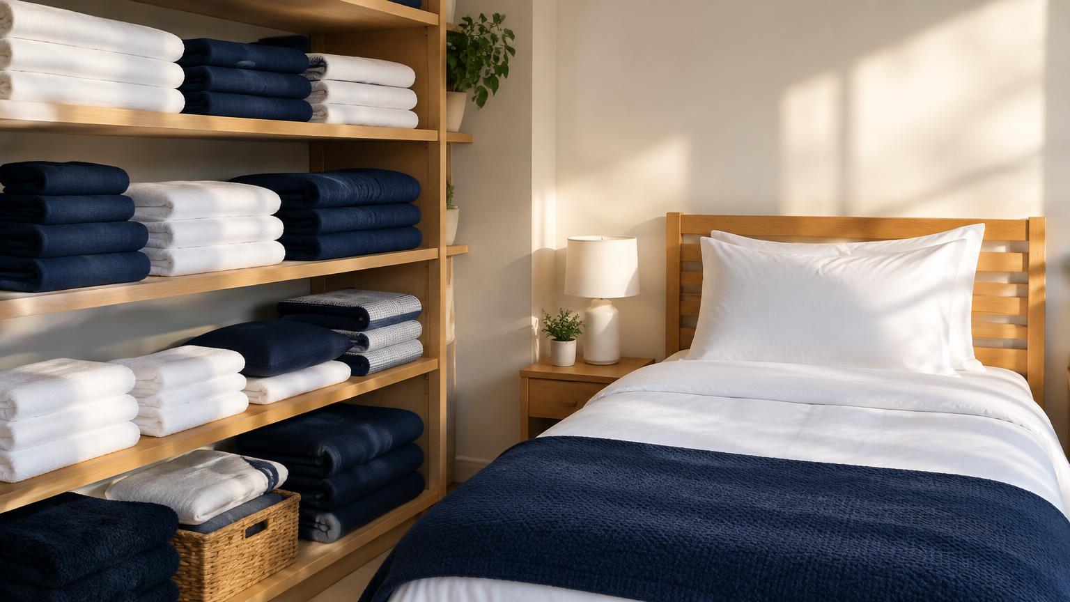 Shelves of folded sheets, blankets, and towels beside a freshly made bed
